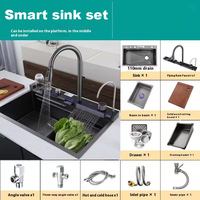 Ensemble d'Éviers de Cuisine Intelligent Moderne Multifonction Grande Cuve Simple en Acier Inoxydable Style Cascade Piano