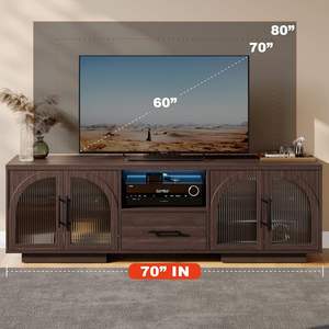 Mueble de <span class=keywords><strong>TV</strong></span> Moderno Europeo con Estantes Ajustables, Acabado en Madera con Imitación a Mármol, Centro de Entretenimiento para Sala de Estar, Luces LED, Vidrio Arqueado - Product Image 2