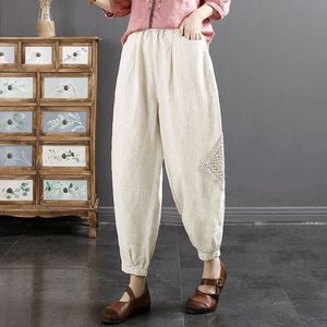 Cotton Linen Lantern Pants With Embroidered Pocket Loose Casual Summer Women's Cropped Pants Natural Hemp Khaki - Product Image 2