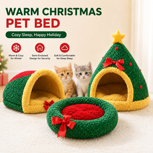 Lit pour chat de Noël, nid rond en peluche chaud et confortable, coussin lavable pour chatons d'intérieur et petits chiens, pour <span class=keywords><strong>dormir</strong></span> en hiver - Product Image 1