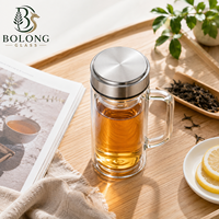 Bouteille en verre à double paroi cylindrique de 350 ml (11,8 oz) avec infuseur et couvercle en acier inoxydable, réutilisable, personnalisable avec logo, vente en gros (100 pièces)