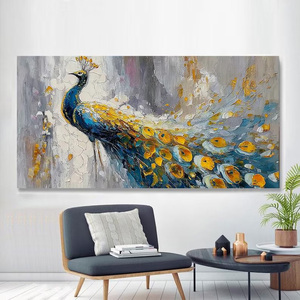 Peinture murale originale abstraite d'un paon coloré aux plumes épanouies, peinte à la main, pour salon, entrée, salle à manger - Product Image 1