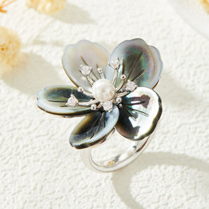 Flower Mother Of Pearl <b>Adjustable</b> <b>Ring</b> With Imitation Pearl Zircon For Everyday Wear - Product Image 4