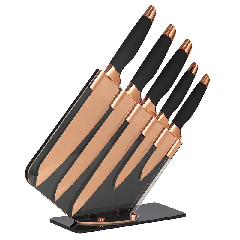 Set di coltelli da cucina antiaderenti con manico nero da 5 pezzi Set di blocchi acrilici di lusso in titanio in acciaio inossidabile oro rosa