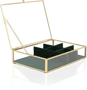 Caja de joyería de vidrio con terciopelo verde, organizador para decoración del hogar