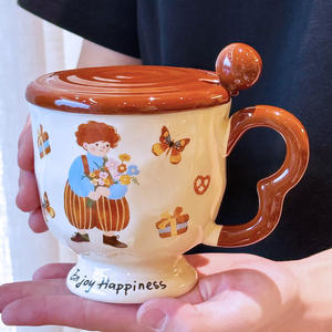 Taza de café de cerámica con tapa y cuchara, diseño de dibujos animados, para desayuno, uso doméstico, juego de una sola taza - Product Image 3