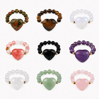 Bague d'amour semi-précieuse en pierres naturelles, pierres de guérison, perle de cristal en forme de cœur, bague extensible pour cadeau de bijoux