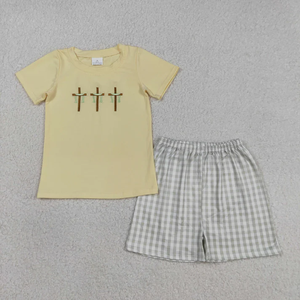 Camisa de Manga Corta con Bordado de Cruces para Bebés y Niños, Pantalones Cortos a Cuadros, Ropa de Pascua - Product Image 1