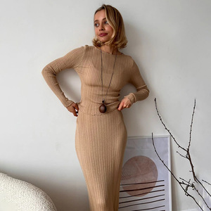 Women <b>Knitted</b> <b>Set</b> Long Sleeve Rib Top High Waisted Long Skirt Casual Suit Polyester Anti Pilling Navel Exposed - Product Image 3