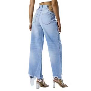 Jeans Casuales de Cintura Baja para Mujer, Estilo Desgastado, Pierna Ancha, Lavado Claro, Logotipo Bordado, Transpirables - Product Image 4