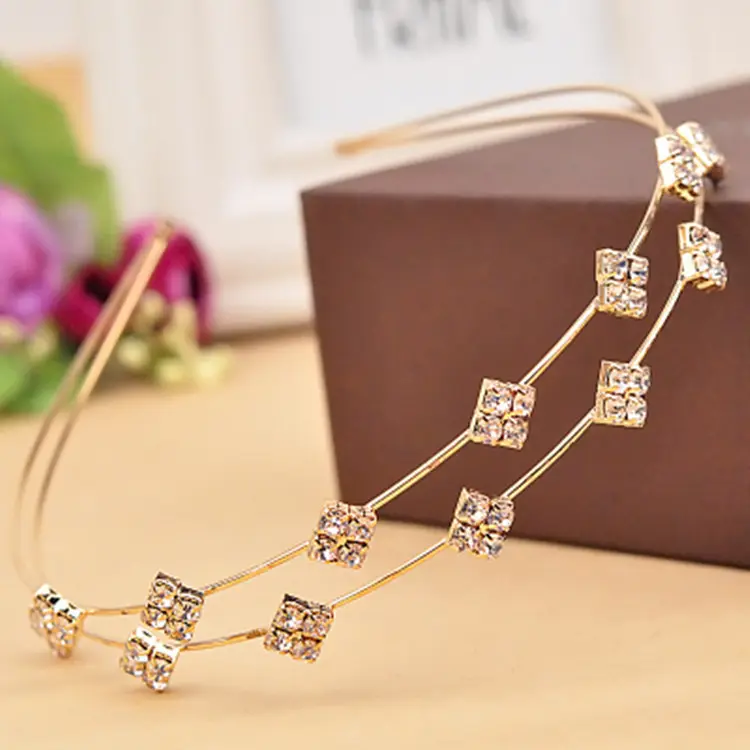 New Design Luxury Hair Accessories Square Round Thin Metal Head Hoop Crystal Diamond Headband For Women Flower With Pearl