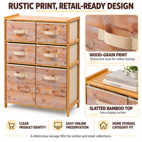 Commode de rangement moderne à 3 niveaux et 6 tiroirs en bambou durable avec tiroirs amovibles en tissu imprimé et dessus à lattes pour chambre et salon