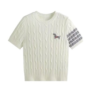 Dalang Factory Design Preppy Style Puppy Embroidered <b>Cable</b> <b>Knit</b> <b>Sweater</b> Short Sleeve Women's Slim Fit Crew Neck Top - Product Image 5