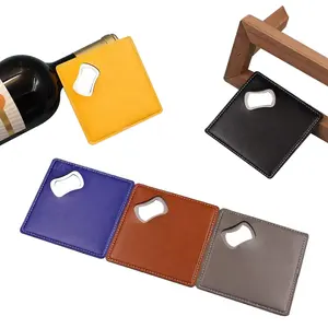 personalized laser carved logo bottle opener coaster metal square leather bottle opener case