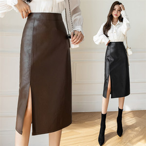 Offre Spéciale dames Faux <span class=keywords><strong>cuir</strong></span> <span class=keywords><strong>jupe</strong></span> automne hiver plaine taille haute femmes fermeture éclair longues jupes en <span class=keywords><strong>cuir</strong></span> synthétique polyuréthane avec fente - Product Image 1