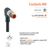 Conector M8 para Actuador/Sensor, Impermeable IP67, Sobre-moldeado, Macho de un Solo Extremo, Angular, 3 Polos, Codificación A, Contacto Dorado, 4A, Automotriz