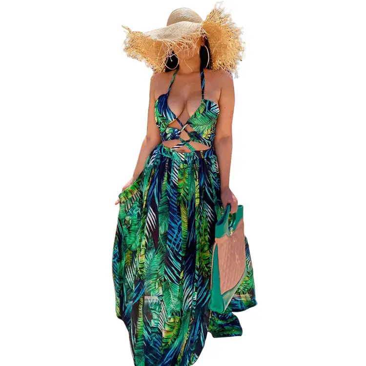 WD65 kadın moda asılı boyun dijital baskı plaj kıyafeti uzun günlük elbiseler