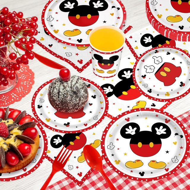 Mickey Minnie Mouse Themed Party Supplies Paper Plates Napkins Cups Forks Disposable Tableware Set for Kids Birthday Decorations