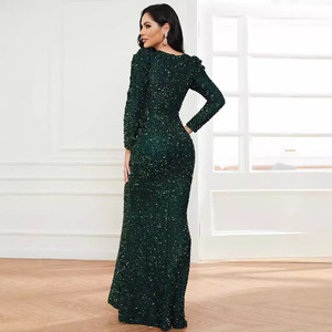 Robe de soirée fourreau à manches longues et col en V, à paillettes vert foncé, grande taille, robe de soirée formelle pour femmes - Product Image 2