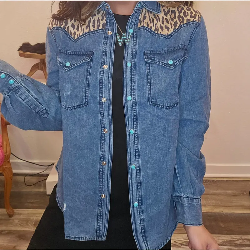 Turquoise Buttoned Pearl Western Snap Denim Shirt Long Sleeve Western Styled Womens Denim Top Leopard Denim Snap Shirt