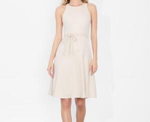 Trendy Beige Halter Neck <strong>Dress</strong> with Waist Tie Suited Weekend <strong>Brunches</strong> - Product Image 3