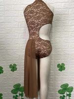 Tenue de danse lyrique pour adulte avec licol en dentelle, jupe longue en mousseline découpée sur le côté, justaucorps de danse moderne