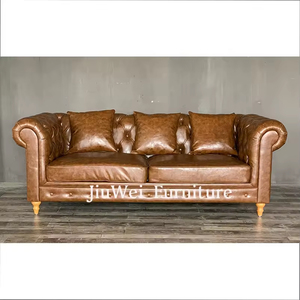 طقم أريكة فاخر بتصميم عصري على طراز تشيسترفيلد من الجلد الأصلي لغرفة المعيشة، مع حشوة إسفنجية متينة وظهر مغطى بالقماش - Product Image 5