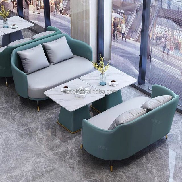 Two-tone Curved PU Leather Banquette Sofa Set Marble Top square Side Tables Multi-color Café Lounge Furniture Wholesale Supply
