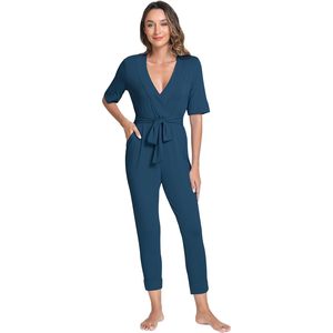 Combinaison décontractée pour femme en viscose de bambou à manches courtes, taille haute, avec ceinture et poches, idéale pour le quotidien - Vente en gros - Product Image 1