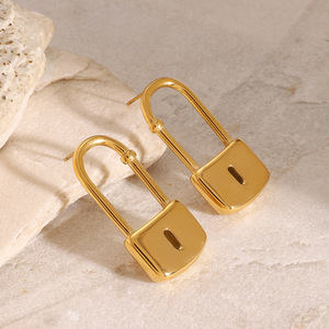 Yueli Lock Shape Gold <b>Stud</b> <b>Earrings</b> Geometric Design Unisex Everyday Wear - Product Image 4