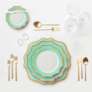 Custom Irregular Green <b>Ceramic</b> Restaurant Wedding Plate <b>Set</b> Colored <b>Dinner</b> Dishes <b>Wholesale</b> Porcelain Plates - Product Image 1
