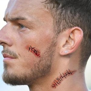 NEDEQI Halloween Zombie tatuaggi temporanei 20 fogli Chucky cicatrice sangue finto impermeabile punti realistici ferita Temp per il corpo - Product Image 6
