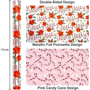 Christmas Wrapping Paper Metallic Foil Poinsettia Candy Cane Floral Gift <b>Wrap</b> Roll 46.8 Square Feet Anti Curl - Product Image 3