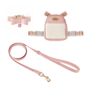 Kekang lucu dengan ransel kulit polos, Set kerah dan tali anjing peliharaan kecil aksesori berjalan - Product Image 2