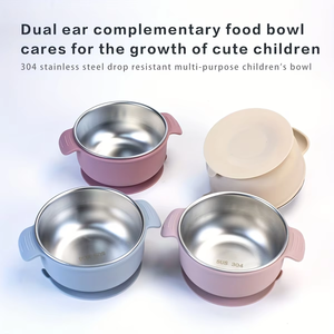 Juego de 5 utensilios de alimentación para niños, plato dividido, babero, tazón, cuchara, tenedor, libre de BPA, silicona duradera, fuerte succión, juego de cena para bebés - Product Image 3