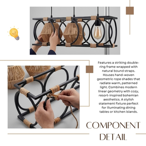 Lustre suspendu double anneau 3 lumières style bohème, abat-jour en corde de chanvre tressée à la main, lustre rustique pour table à manger ou îlot de cuisine - Product Image 5