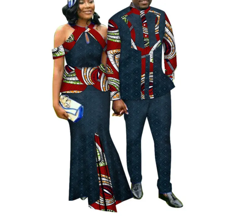 Limanying hot sales 100% cotton Africa ethnic wax printed strapless women dress men's shirt Cotton African Couples Clothing