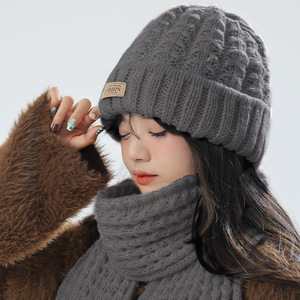 Knitted Hat And Scarf Set Women Winter Warm Neck Protection Off White Black Pink Red Gray Burgundy White Dark Brown 2 Piece - Product Image 3