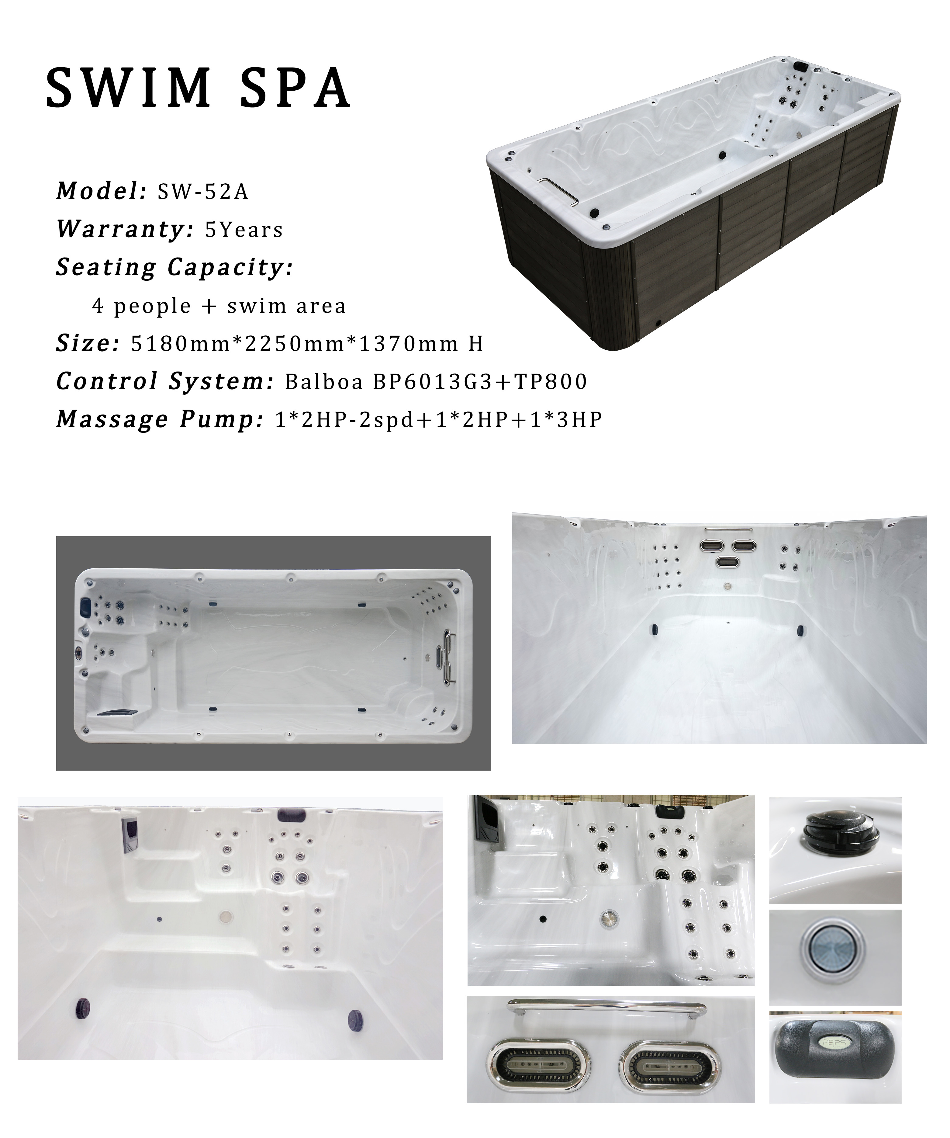 5.2 Meters Endless Swimming Pool Outdoor Swim Spa Hot Tub With 4 Seats