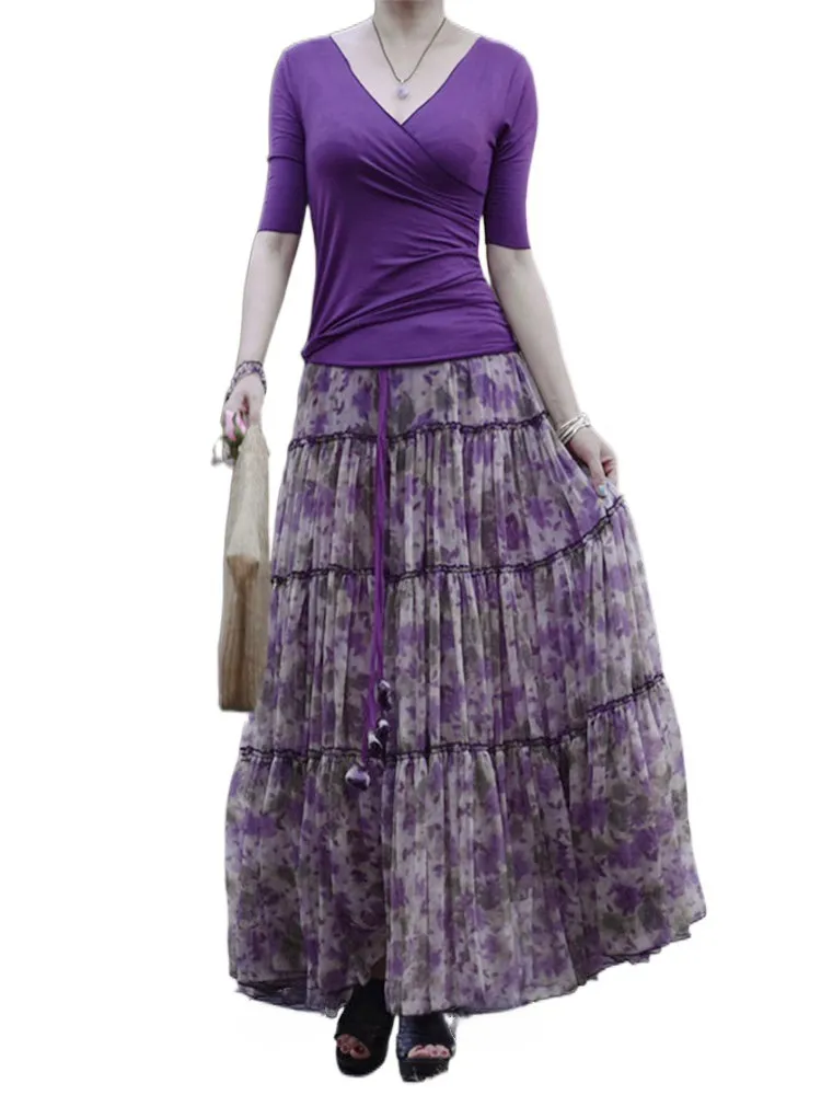 2023 модные длинные шифоновые юбки-бохо с цветочным принтом для женщин богемные летние фиолетовые юбки высокого качества