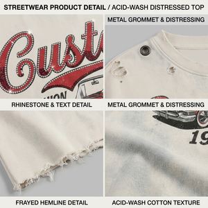 Camiseta de hombre de algodón de 300GSM de fábrica, de alto gramaje, con lavado desgastado, corte oversize tipo box, estilo cropped, con logo de pedrería, estilo streetwear - Product Image 3