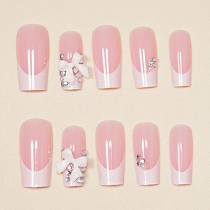 24 <span class=keywords><strong>Uñas</strong></span> Postizas <span class=keywords><strong>de</strong></span> Resina 3D con Punta Francesa, Color <span class=keywords><strong>Rosa</strong></span> Nude, Forma Cuadrada Larga, con Pedrería Brillante, Reutilizables y Adhesivas - Product Image 4