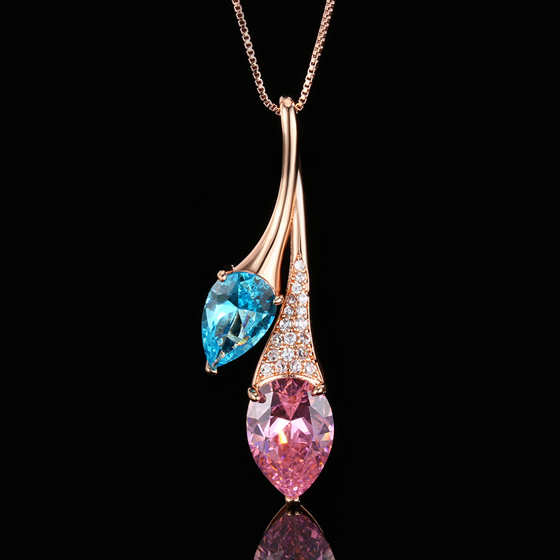 Pendentif diamant rose + aigue-marine avec chaîne
