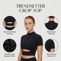 Haut court de sport pour femme à découpes à la taille, col montant, demi-zip, en jersey double maille respirant, uni, pour l'été, le yoga et la course