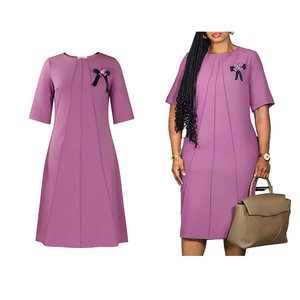 Robes pour femmes, dernières tendances, élégantes, col rond, manches courtes, grandes tailles, robe de bureau ample, robe midi en coton pour le travail. - Product Image 1