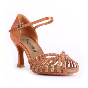 Deep Tan <span class=keywords><strong>Satin</strong></span> dengan Desain Berlian Klasik Sepatu Salsa Wanita Hak Dansa <span class=keywords><strong>Latin</strong></span> Profesional Ujung Terbuka - Product Image 3