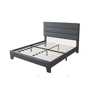 Full Size Bed Frame Platform Bed Met Linnen Stof Gestoffeerd Hoofdeinde En Houten Latten Ondersteunen Zware Matras
