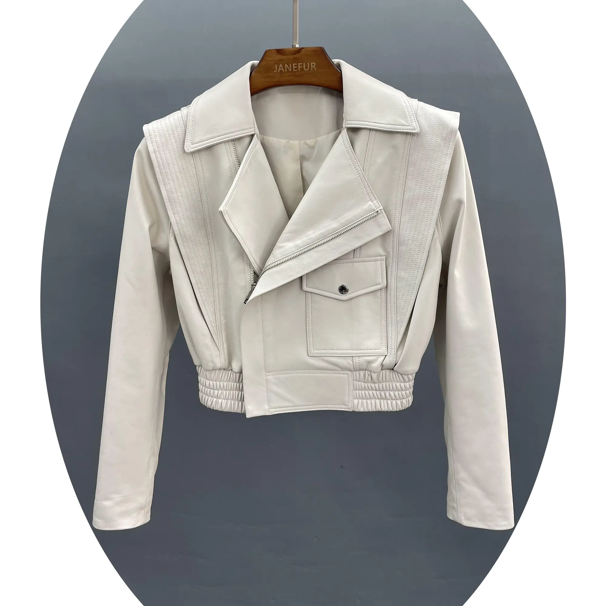 Wholesale USA Style Women Sexy Zip Up Real Leather Coat Short White Color Motor Biker Blazer Ladies Leather Jacket