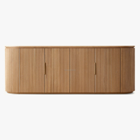 Meuble TV en chêne artisanal de prestige, console à 4 portes à lattes cannelées pour villa de luxe, meuble multimédia, centre de divertissement basse en hauteur