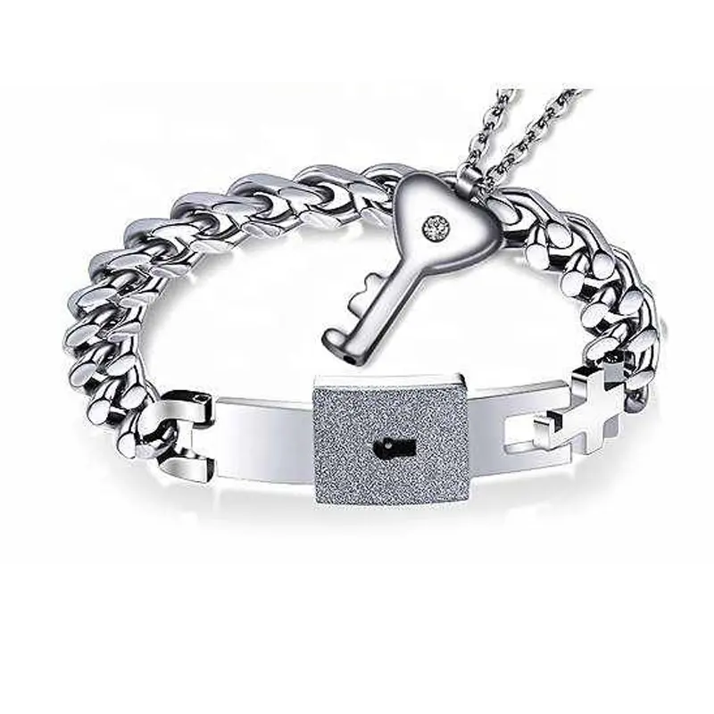 2pcs/set Stainless Steel Valentine's Day Couple Silver Lock bracelet Key My HeartJewelry Set